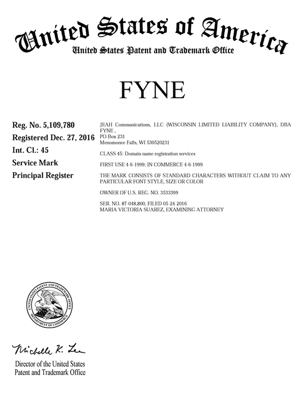 FYNE Trademark Registration Certificate